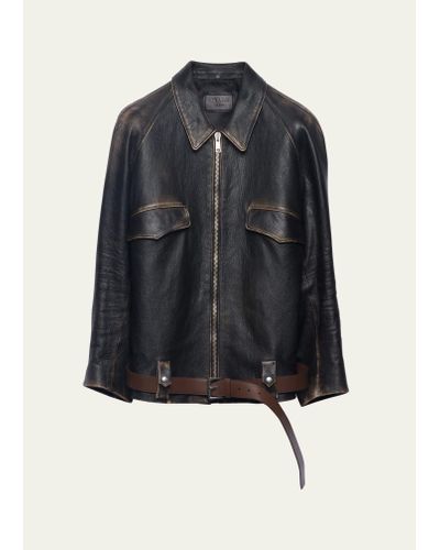 Prada Leather Belted Jacket - Blue