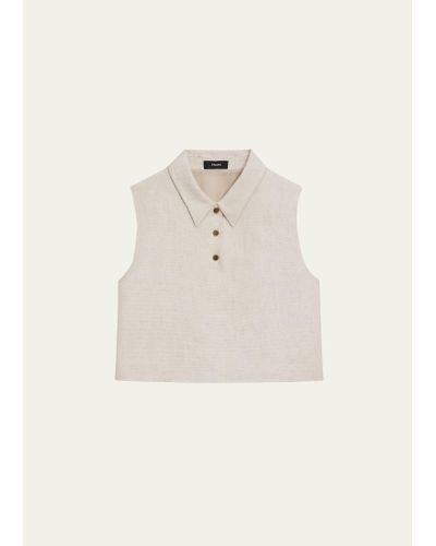 Theory Sleeveless Linen Cropped Polo Top - Natural