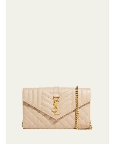 Saint Laurent Envelope Triquilt Ysl Wallet On Chain In Grained Leather - Natural