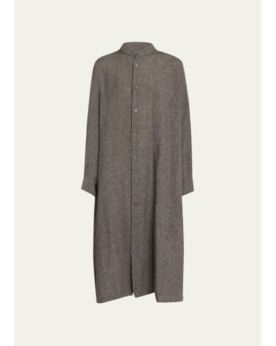 Eskandar Wide A-line Collarless Shirt Dress - Gray