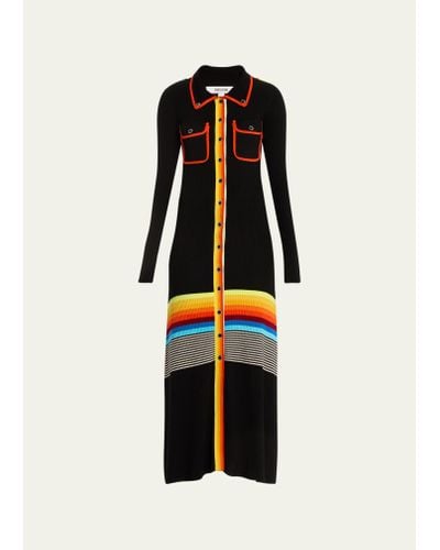 Christopher John Rogers Ribbed Stripe Polo Dress With Patch Pockets - Black