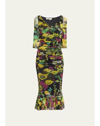 Fuzzi Ruched Floral-print Tulle Midi Dress - Green