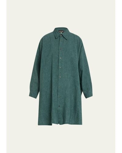 Eskandar Wide A-line Linen Shirt With Collar (very Long) With Slits - Green