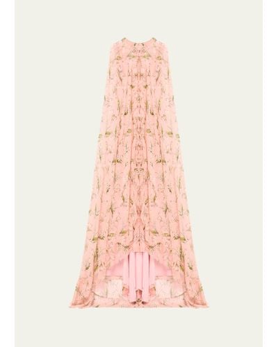Carolina Herrera Plunging Floral-print Ruffle Cape Gown - Pink