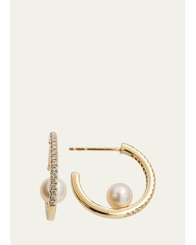 Mizuki Pave Diamond Hoop Earrings With Freshwater Pearls - Natural