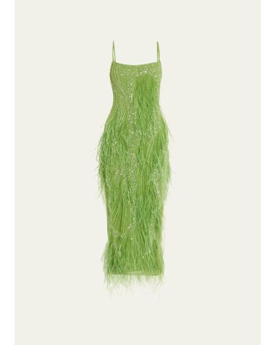 Rachel Gilbert Beaded Feathered Midi Dress - Green