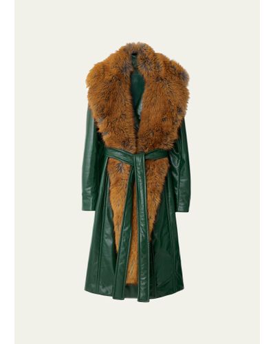 Burberry Belted Leather Trench Coat With Faux Fur Scarf - Green