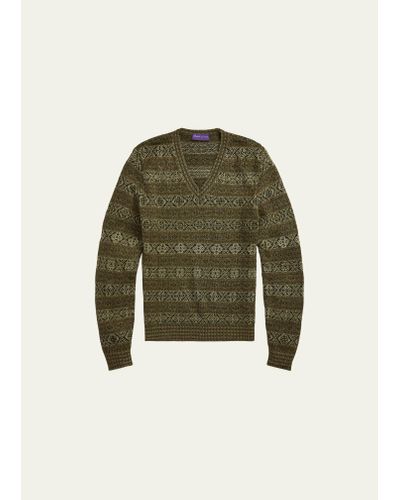 Ralph Lauren Purple Label Linen Fairisle V-neck Sweater - Green