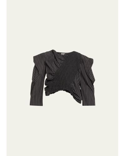 Issey Miyake Contraction Stripe Shirred Crop Blouse - Black
