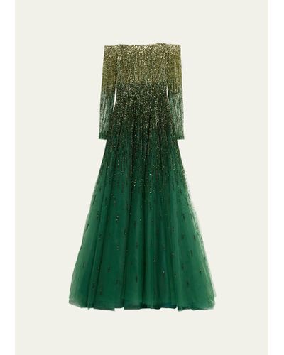 Pamella Roland Ombre Sequin Tulle Ballgown With Crystal Neckline - Green