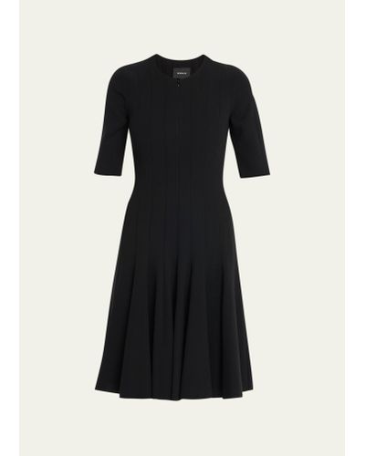 Akris Elbow-sleeve Zip-front Pleated A-line Wool Dress - Black