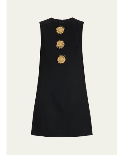 Oscar de la Renta Sunflower Brooch Wool Shift Mini Dress - Black