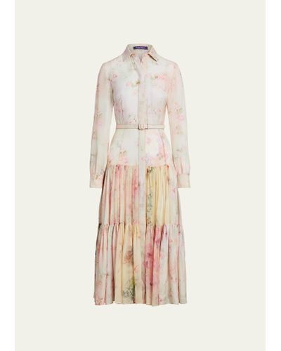 Ralph Lauren Collection Ellasandra Floral Watercolor Tiered Midi Belted Dress - Natural