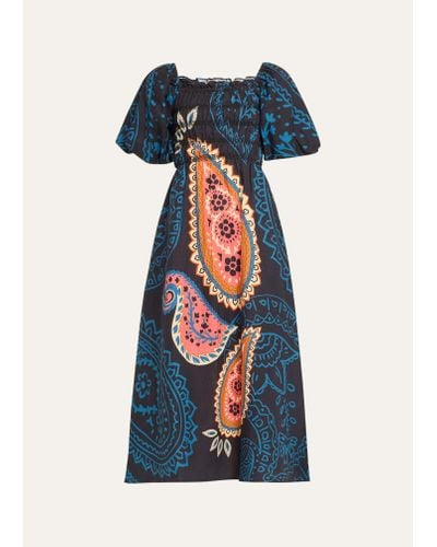 VERANDAH Paisley Printed Smocked Maxi Dress - Blue