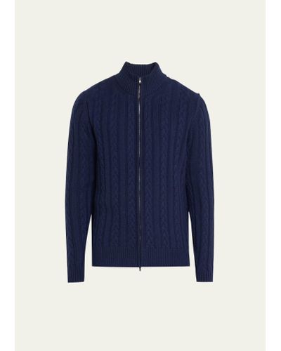 Bergdorf Goodman Cashmere Cable Zip Cardigan Sweater - Blue