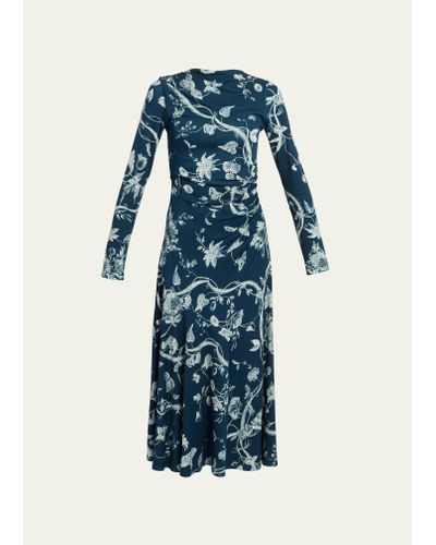 Erdem Floral-print Long-sleeve Drawstring Ruched Midi Dress - Blue
