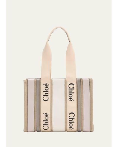 Chloé X High Summer Woody Medium Tote Bag In Striped Linen And Leather - Natural