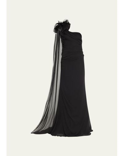 Pamella Roland Chiffon Draped One-shoulder Gown With Floral Detail - Black
