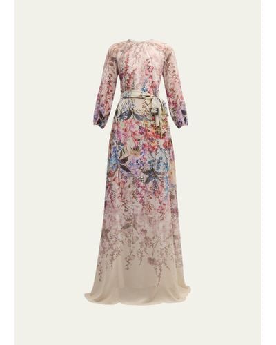Teri Jon Blouson-sleeve Floral-print Chiffon Gown - Pink