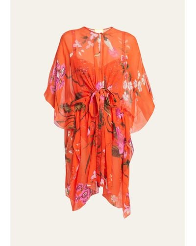 Erdem Floral-print Tie-waist Silk Mini Kaftan Dress - Orange