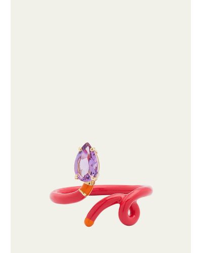 Bea Bongiasca Baby Vine Ring With Drop-cut Amethyst Plus Raspberry And Orange Enamel - Red