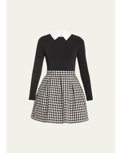 Alice + Olivia Chara Long-sleeve Pleated Mini Dress With Collar - Black