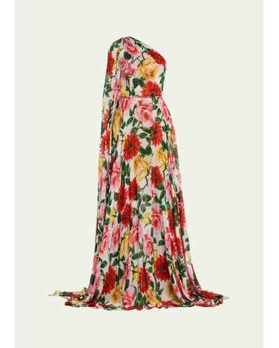 Naeem Khan One-shoulder Floral Print Gown With Cape Detail - White