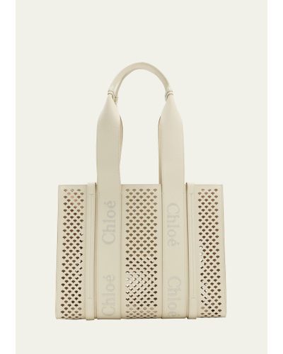 Chloé Woody Medium Tote Bag In Perforated Leather - Natural
