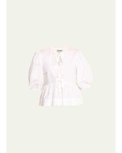 Ganni Poplin Front-tie Peplum Blouse With Puffed-sleeves - Natural