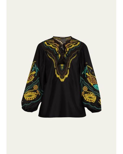 Kobi Halperin Kehlani Embroidered Blouson-sleeve Blouse - Black