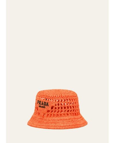 Prada Logo Cutout Raffia Bucket Hat - Orange