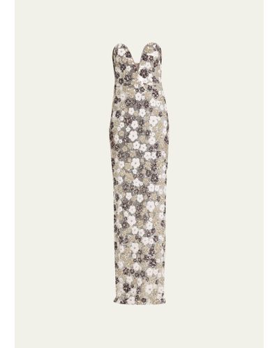 Marchesa Strapless Plunging Floral Sequin Column Gown - White