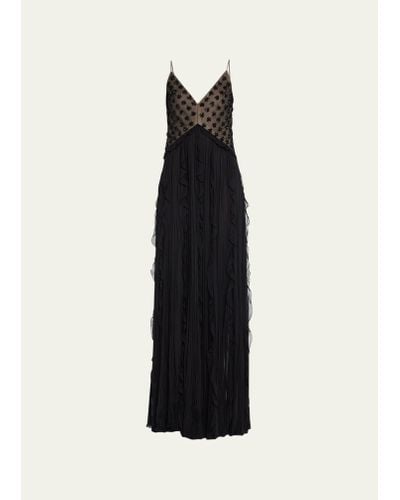 J. Mendel Embroidered Floral Silk Hand Pleated Ruffles Gown - Black