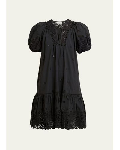 Ulla Johnson Aurora Short Embroidered Poplin Puff-sleeve Dress - Black