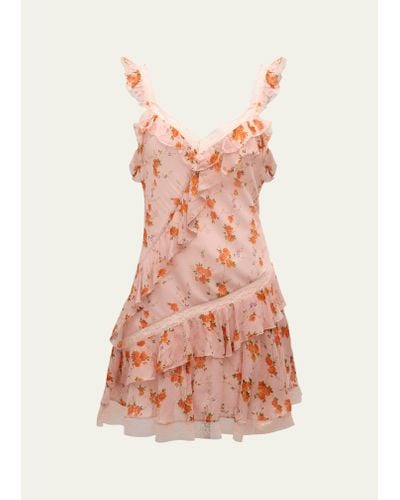 LoveShackFancy Serima Tiered Floral Lace Sleeveless Mini Dress - Pink
