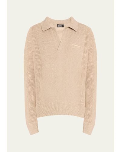 Zegna Cashmere-silk Polo Sweater - Natural