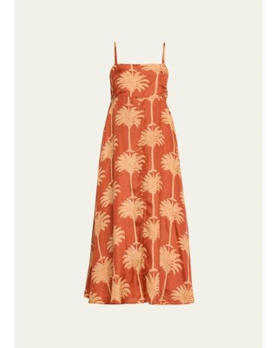 Hannah Artwear Franca Palm Tree Silk Habotai Midi Dress - Orange