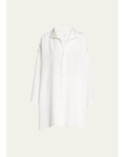 Eskandar Wide Aline Shirt With Open Standup Collar Long Plus - Natural