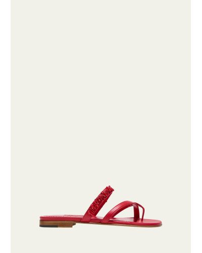 Manolo Blahnik Corasu Beaded Leather Slide Sandals - Red