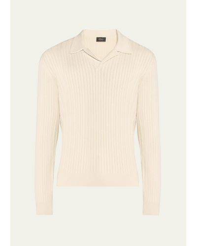 Brioni Ribbed Herringbone Cotton Polo Sweater - Natural