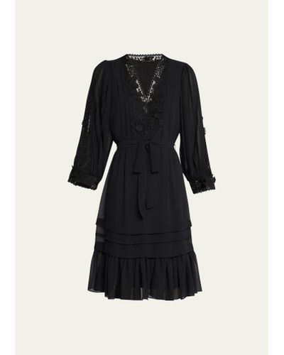 Kobi Halperin Linda Pleated Lace-trim Flounce Midi Dress - Black