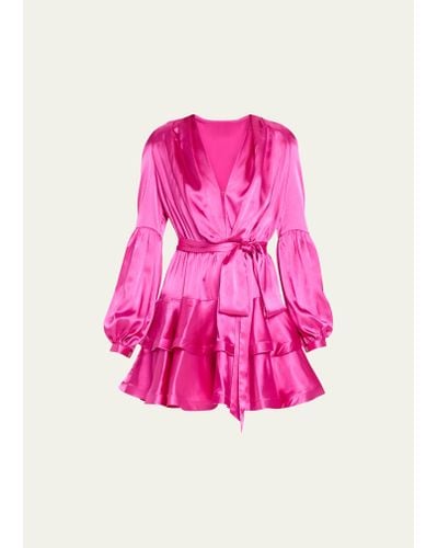 Bronx and Banco Bedouin Deep V-neck Ruffle Tiered Mini Dress - Pink