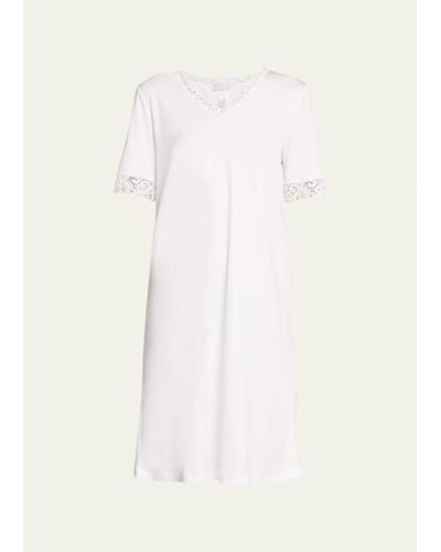 Hanro Moments Short Sleeve Lace Cotton Nightgown - White