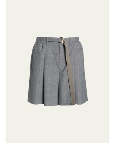 Sacai Pinstripe Pleated-back Belted Shorts - Gray