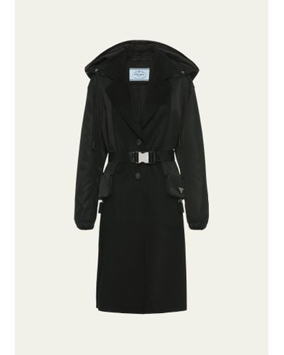 Prada Mixed-media Hooded Cashmere Coat - Black