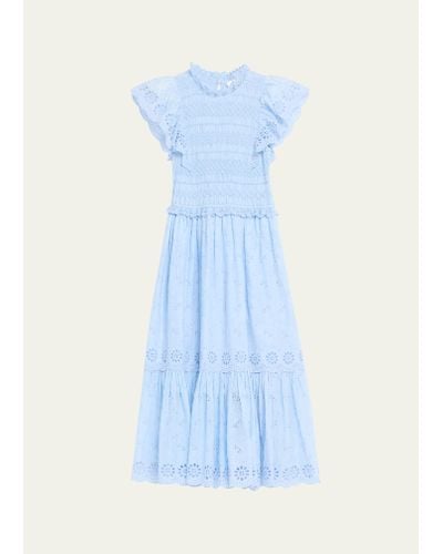 Sea Veronique Embroidered Flutter-sleeve Dress - Blue