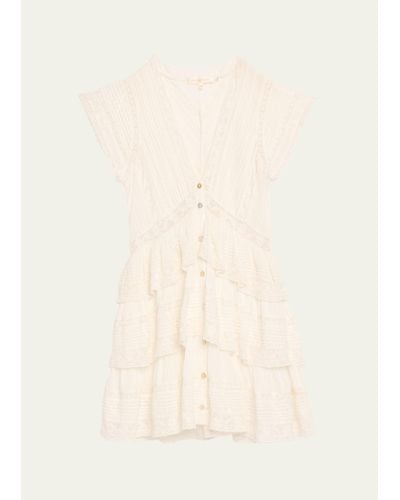 LoveShackFancy Binselle Tiered Ruffle Lace Short-sleeve Mini Dress - Natural