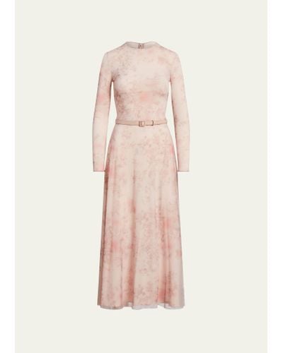 Ralph Lauren Collection Painted Garden Long-sleeve Tulle Midi Dress With Leather Belt - Pink