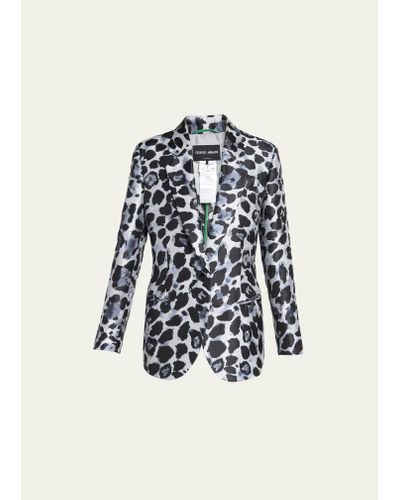 Giorgio Armani Silk Jacquard Animalier Printed Blazer Jacket - White