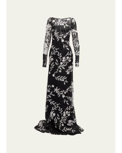 Naeem Khan Floral Embroidered Gown With Sheer Overlay - White